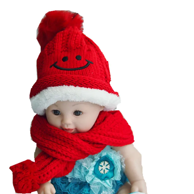 new warm plush thick smile embroidery wool ball baby beanies + scarf sets boys girls caps collars kids winter wear 1-5 years hat |