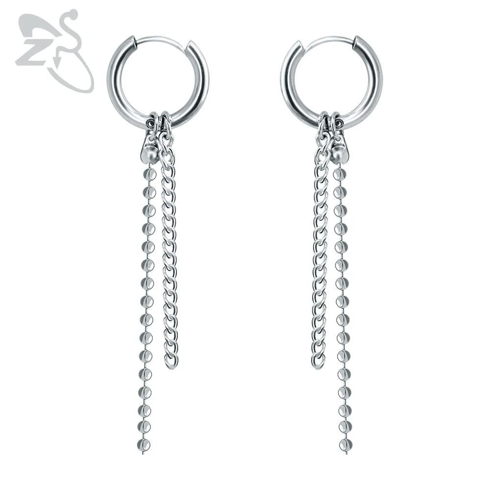 

ZS Silver Color Boys Earrings Hip Hop Accessories Man Korea Pendant Chains Earring Punk Tassel Long Earrings for Men Women Gifts