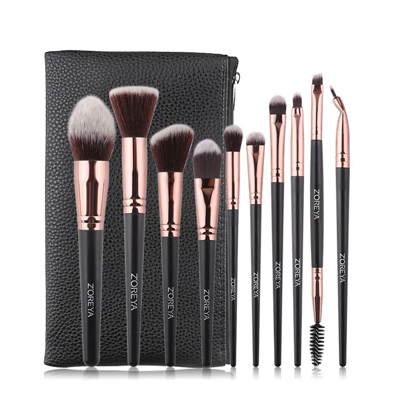 black brush with bag ZOREYA, брендовые кисти для макияжа, мягкие синтетические волосы, черные кисти для бровей, ресниц, хайлайтер, набор, 10 шт., черный косметический набор - Handle Color: black brush with bag