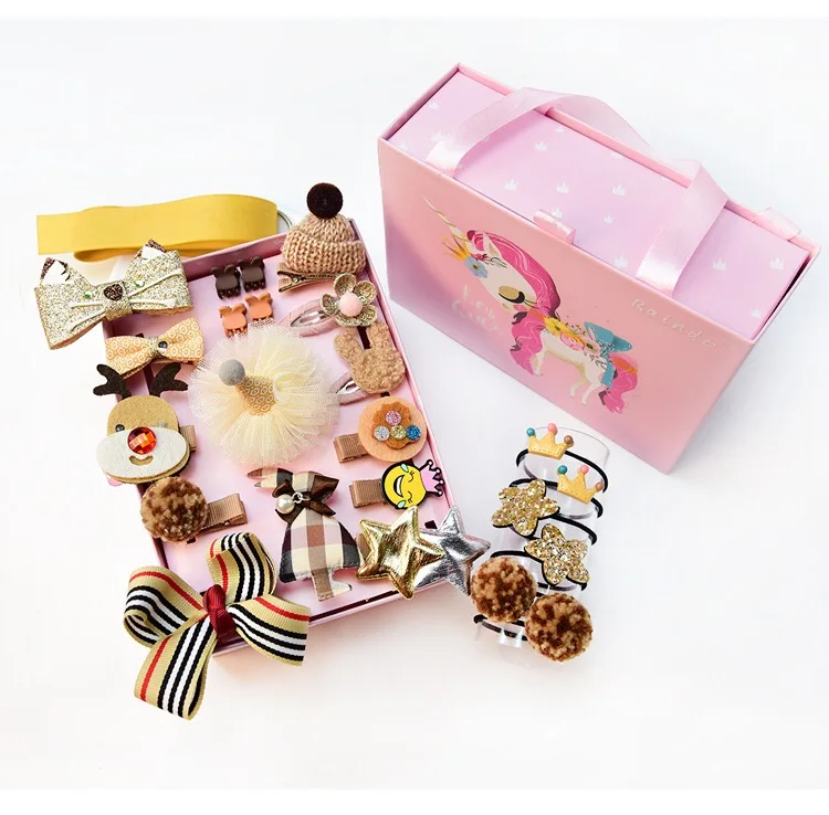 24pcs/lot Children girls hair Accessories Headwear Gift box Ribbon Bow Rabbit Hair clip ties Princess Crown barrette | Детская одежда и