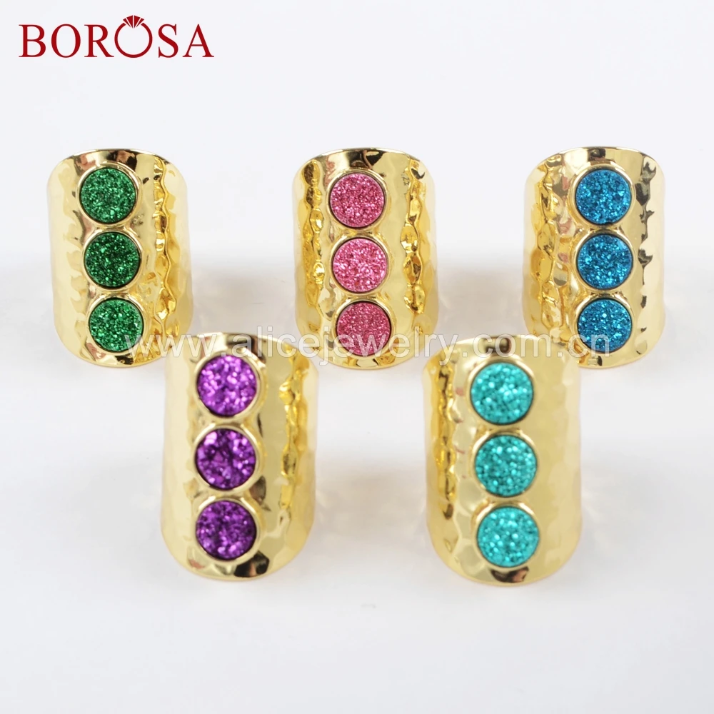 BOROSA 4pcs Round Titanium Dark Rainbow Druzy Band Ring Equality Three Gems Gold-color Rings Gifts ZG0366 | Украшения и