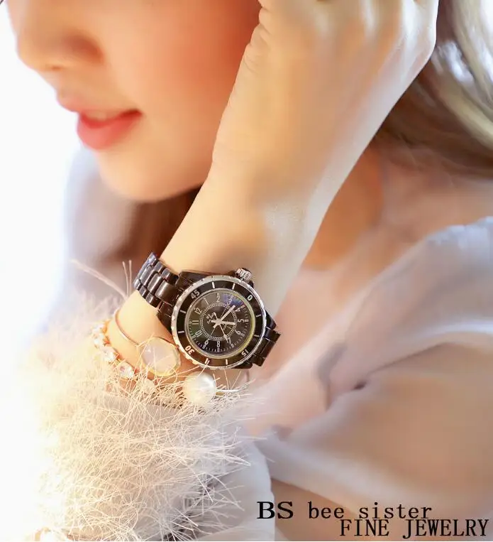 Летние Для женщин Стразы Часы леди платье часы Montre Femme черный, белый цвет Керамика браслет наручные женские часы со стразами