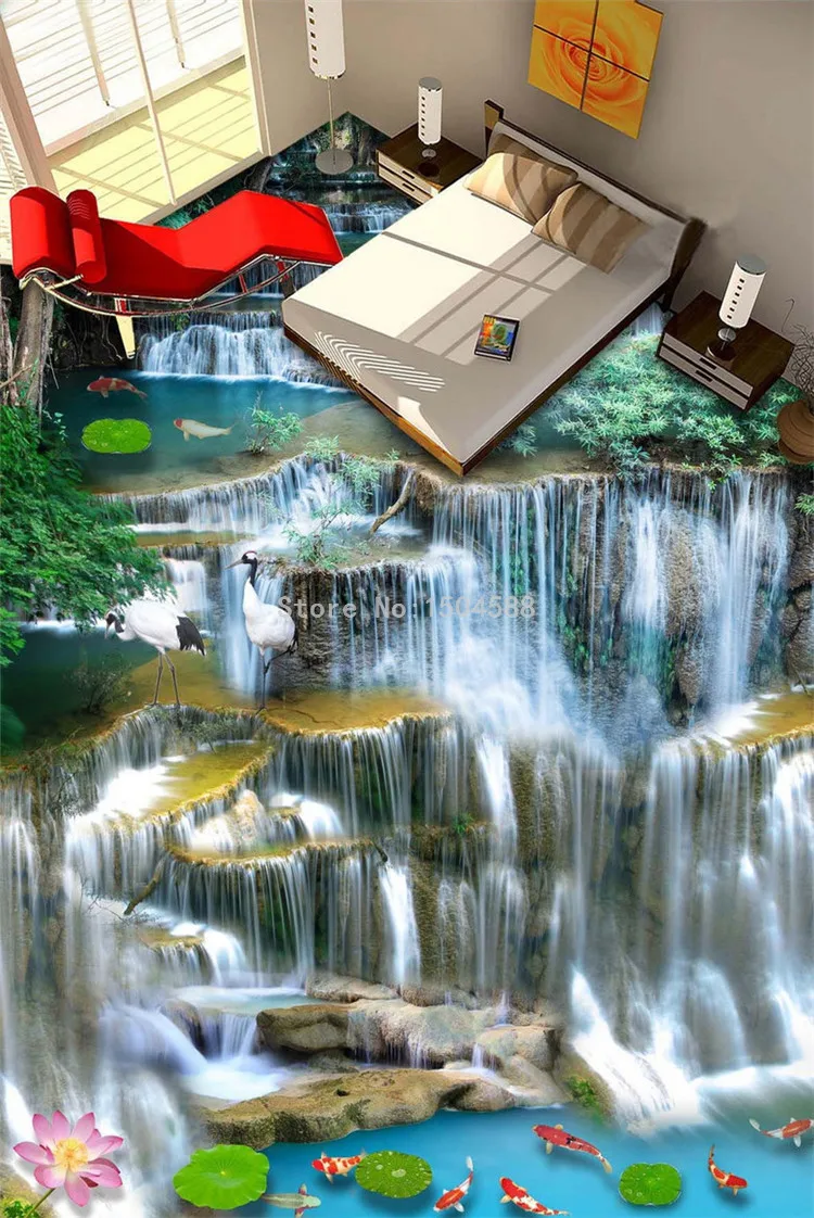 Пользовательские 3D полы обои китайский стиль пейзаж с водопадами фото фрески ПВХ водонепроницаемый самоклеющиеся наклейки для гостиной 3D