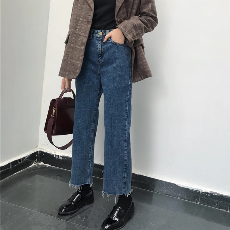 dark blue Джинсы, джинсовые, одноцветные, с кисточками, женские, элегантные, широкие, длина по щиколотку, высокая талия, женские брюки, большой размер, низ, Классическая - Цвет: dark blue