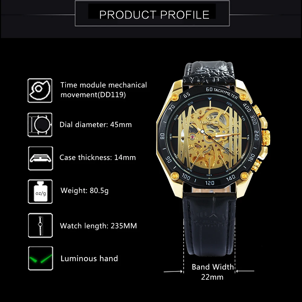 FORSINING Fashion Royal Auto Mechanical Watch Men Leather Strap Golden Skeleton Mens Watches Top Brand Luxury relogio masculino | Наручные