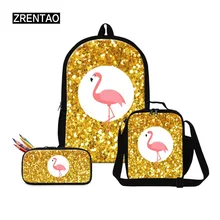 ZRENTAO 3PCS\set polyester school backpack for children with cooler bags pencil bags cartoon flamingo print book bag mochilas