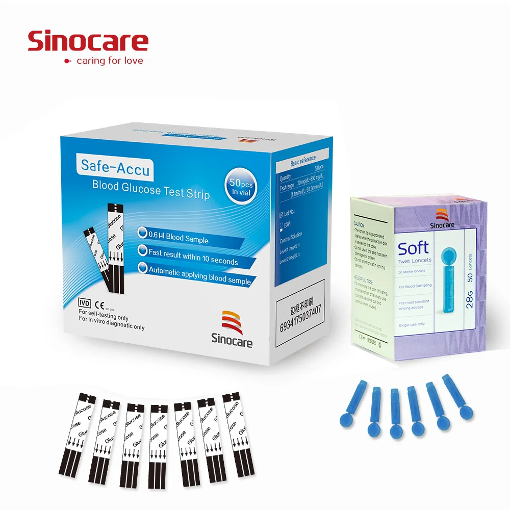 

Тест-полоски и Ланцеты для глюкометра Sinocare на диабет, 50/100/200 шт.