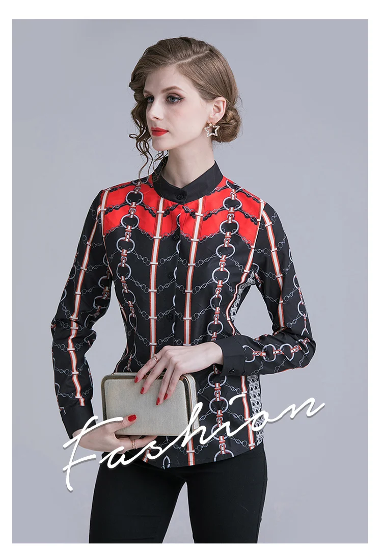 Женская рубашка с принтом приталенная офисная блузка воротником стойкой весна