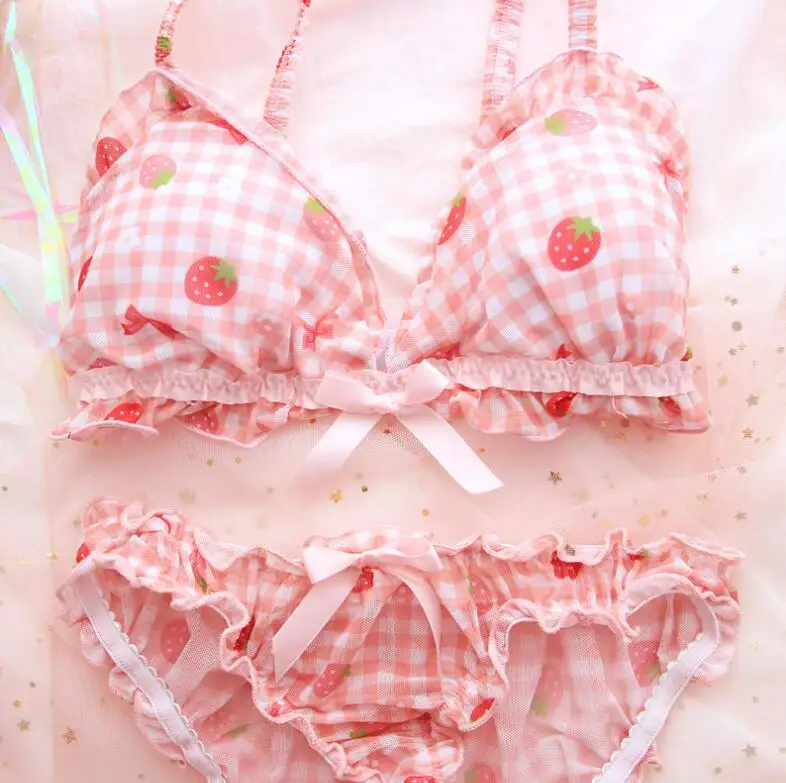 Strawberry Chequered Girl Sleep Bra Mesh Pink Sweet Underwear Suit for Students