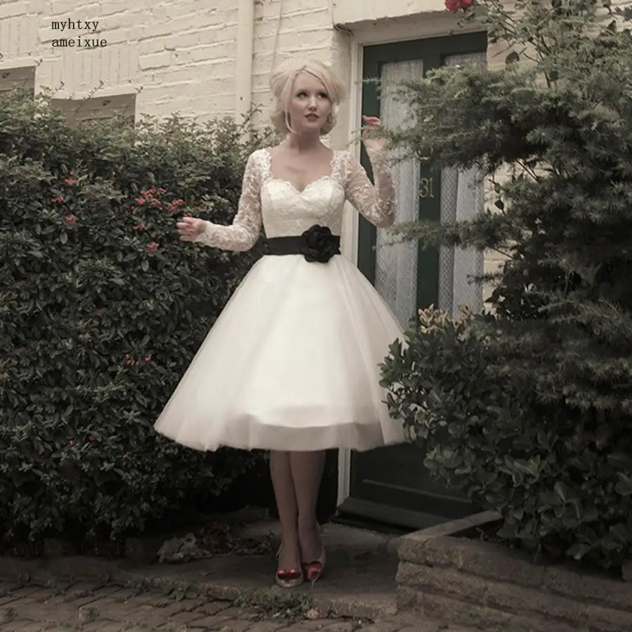 Женское свадебное платье с длинным рукавом кружевное короткое Белое и черное