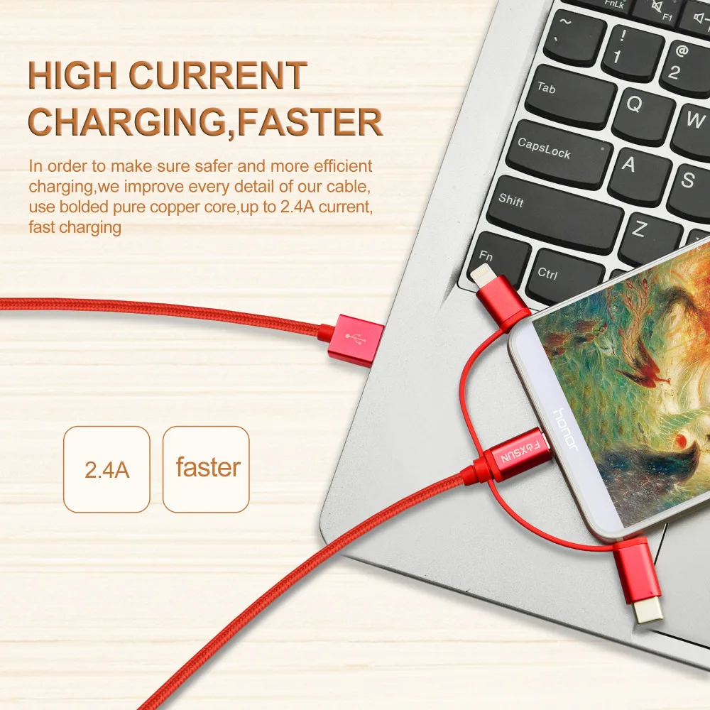 Foxsun USB кабель для iPhone X/8/7/6 MFI Сертифицированный 3 в 1 передачи данных нейлоновая