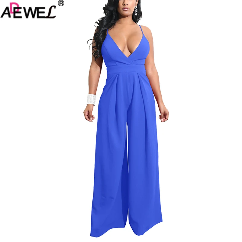 

ADEWEL Solid V Neck Spaghetti Strap Wide Leg Jumpsuits Women Sleeveless Sexy Overalls Party Cocktail Office Rompers Long Pants