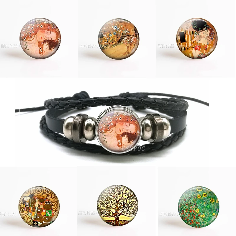 

Klimt's Mother and Child Art Handcrafted Glass Dome Cabochon Black Button Leather Bracelet Klimt Accessories Mother Day's Gifts