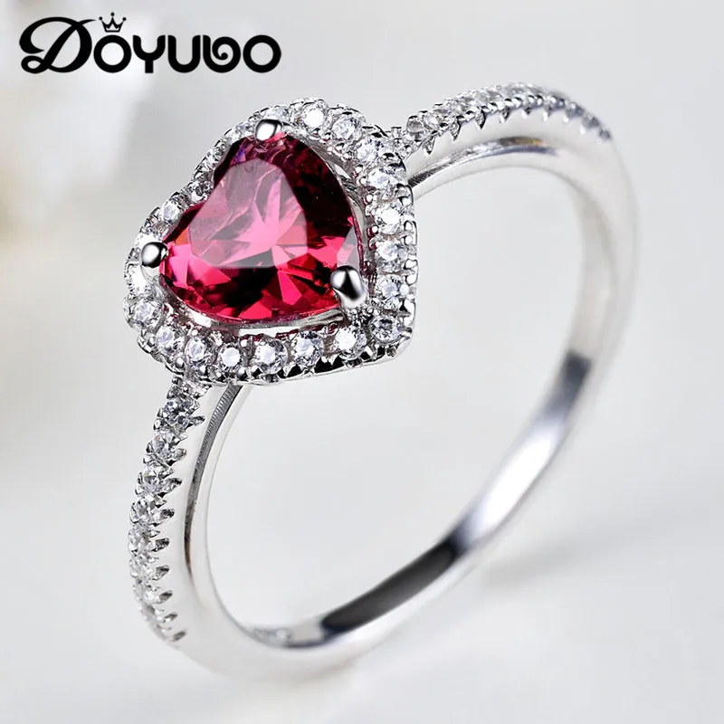 

DOYUBO романтические женские серебряные кольца с красным сердцем CZ модные новые женские серебряные кольца с 6 мм сердцем CZ Ювелирные изделия ...