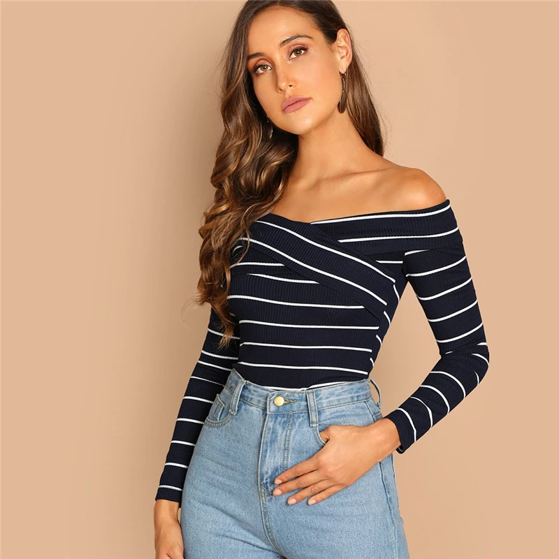 SHEIN Футболка В Полоску С Открытыми Плечами Облегающий Топ Женский Осенний Элегантный Топ С Длинными Рукавами