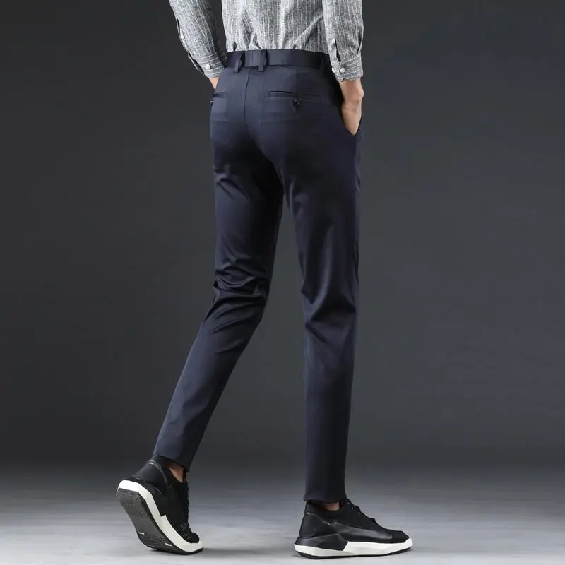 Мужские деловые брюки черные облегающие Стрейчевые на молнии повседневные 2019 |