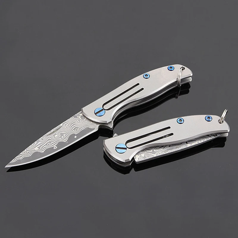 TAC-23 Outdoor titanium alloy knife handle folding field survival Damascus steel key chain fruit | Спорт и развлечения