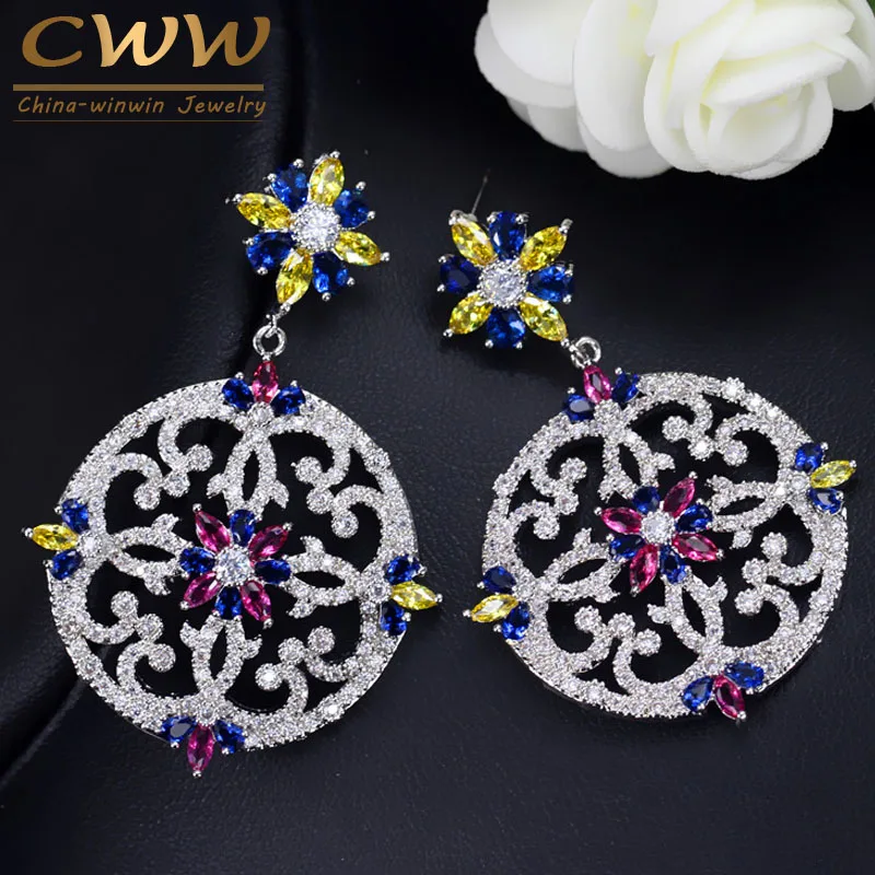 colorful CWWZircons новые винтажные женские свадебные украшения высокого качества с кубическим цирконием большие круглые цветные серьги-капли CZ182 - Окраска металла: colorful