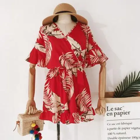 red jumpsuit Woherb летние женские комбинезоны Boho, Короткие широкие штаны, бандажный комбинезон с оборками, эластичный пояс, Свободные Комбинезоны, повседневные Комбинезоны Mujer - Цвет: red jumpsuit
