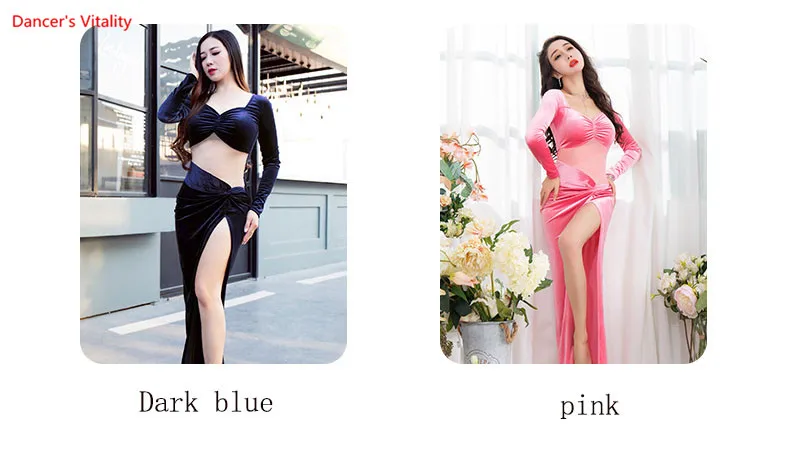 Новое сексуальное платье Velvet+ Mesh Женщины Bellydance Dress Костюм Боковая Сплит Танцор Показать Одежда темно-синий розовый