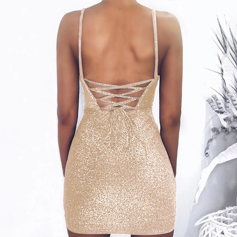 Women sexy O neck sequins bodycon clubwear party evening mini dress ladies sleeveless backless solid short dresses 2019 summer | Женская