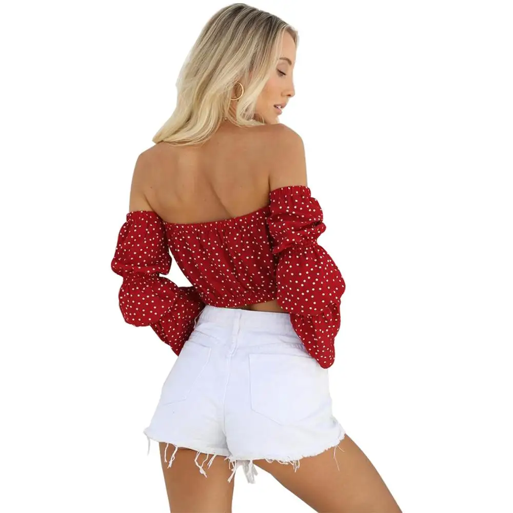 Шифоновая Сексуальная рубашка в горошек Frint Red Boho Женская короткая Топ на одно