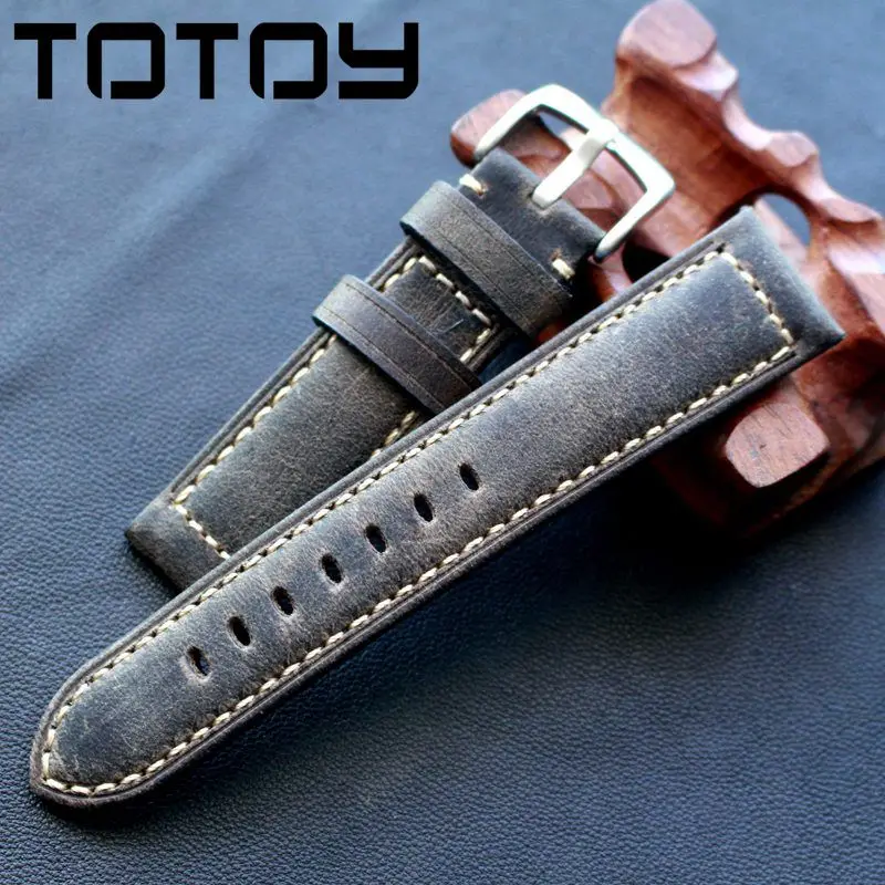 TOTOY ручной работы серый кожаный Ремешки для наручных часов, 20 мм 22 мм Открытый военные часы Ретро телячья кожа ремешок, грубая ветер ремень