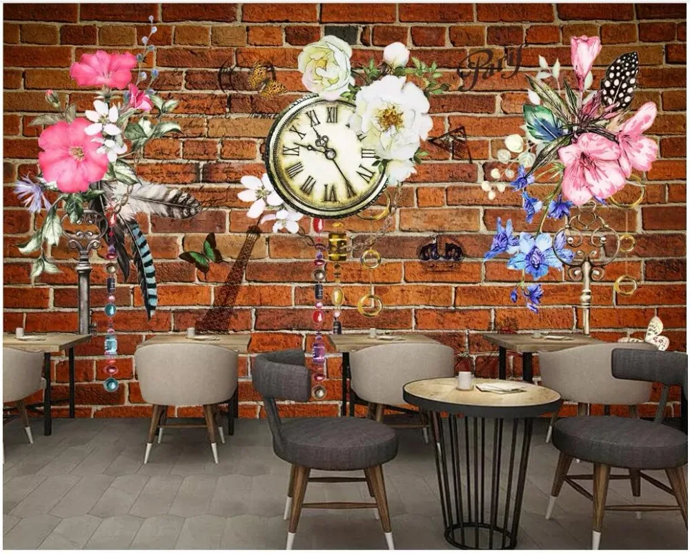 3d фото wallpaer на заказ росписи Ретро Винтаж скандинавские Цветы Часы кирпичная