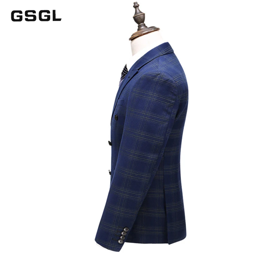 Mens Double Breasted Suits Spring Autumn S-5XL Groom Wedding Suit 3 Piece Blue Plaid Suit Business Formal Wear