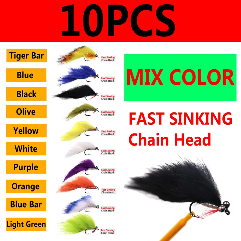 10pc chain head Wifreo 10 шт.#4 натуральный кролик Zonker стримеры форель нахлыстом мухи приманки большие мухи для рыбы Combe набор различных цветов - Цвет: 10pc chain head