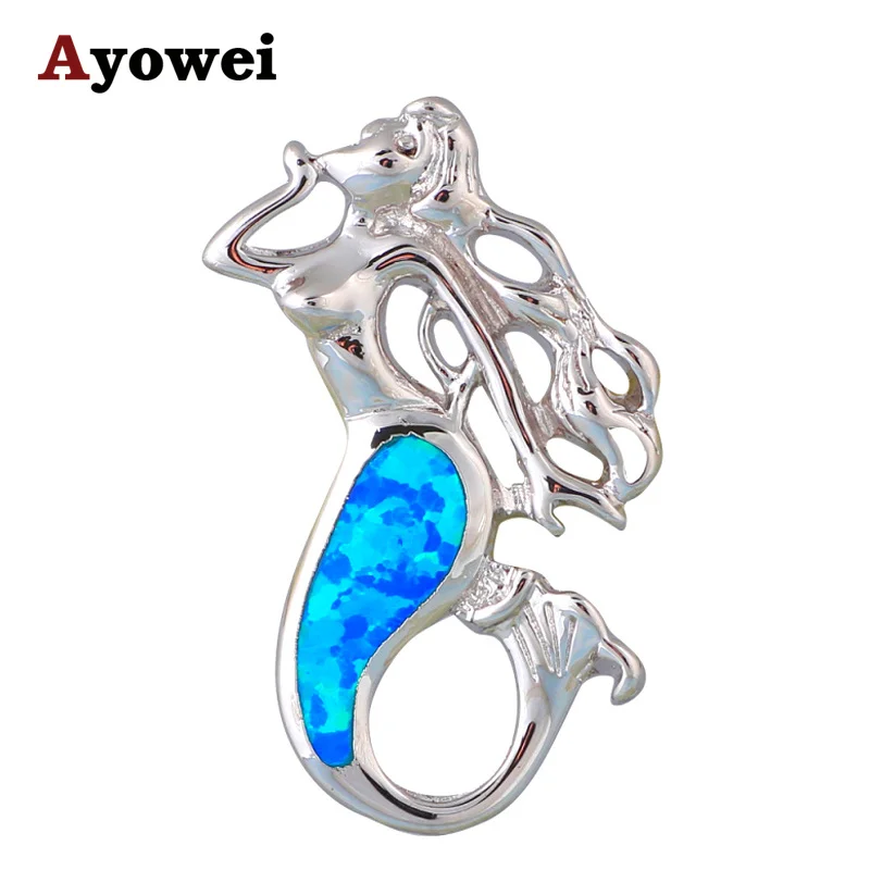 Изящный дизайн русалки Серебряный штампованный Синий огненный опал подарок для