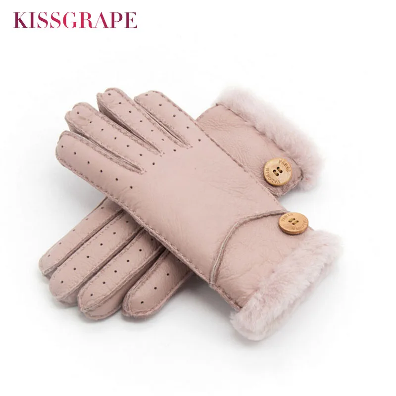 Женские перчатки из натуральной кожи очень теплые зимние шерстяные варежки