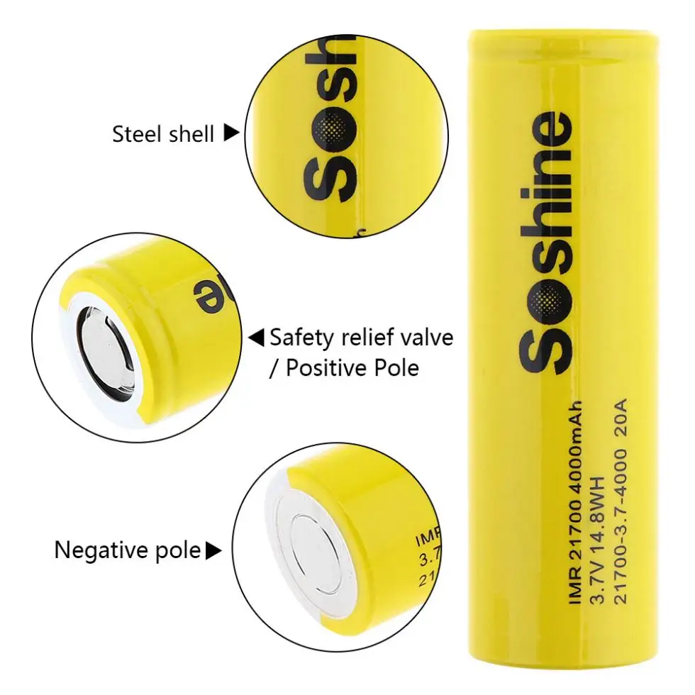 2Pcs Soshine IMR 21700 3.7V 14.8WH 20A 4000mAh Li ion Rechargeable Battery with Safety Relief Valve for Electric Tool /