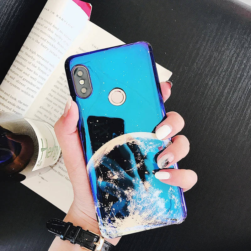 Чехол-светильник синего цвета для телефона Xiaomi 6, 6 X, 8, 9, 9SE, глянцевый мягкий ТПУ чехол с изображением Луны, планеты, звезд для Redmi Note 7, задняя крышка, fundas capa