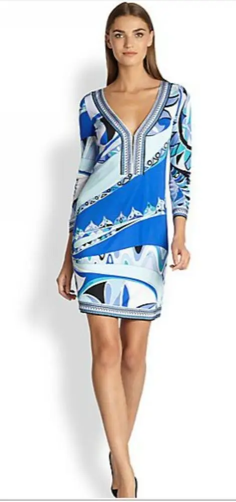 Модное синее эластичное платье с v образным вырезом и рукавом три четверти