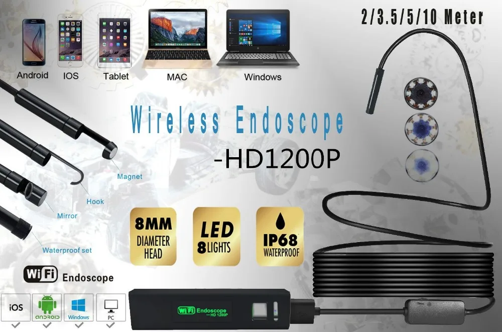 XIFICAM Wifi мм эндоскоп 8 1200 P HD для Android iOS iphone мягкий кабель провод труба камера Змея