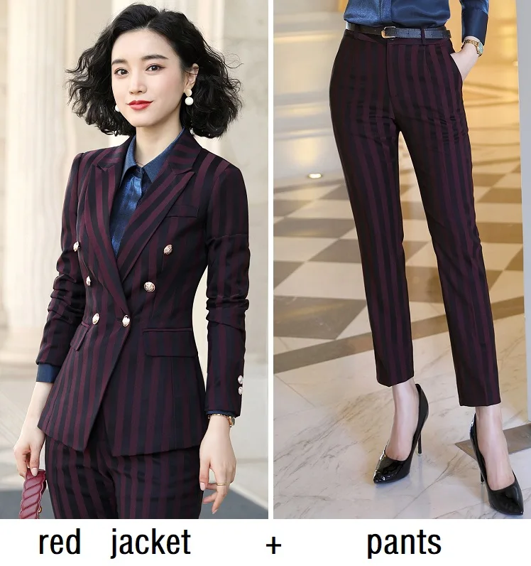 red jacket pants Женские костюмы, тонкие осенние полосатые куртки с длинным рукавом и штаны, комплект из 2 предметов, OL Официальные Женские Брючные костюмы, женские костюмы 9851 - Цвет: red jacket pants