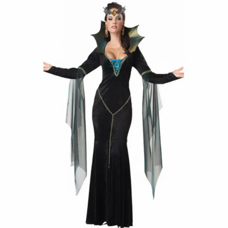 

New Halloween Bat Queen Costumes Adult Women Deluxe Vampire Costume Suit Black Long Dress Witch Queen Clothing for Women
