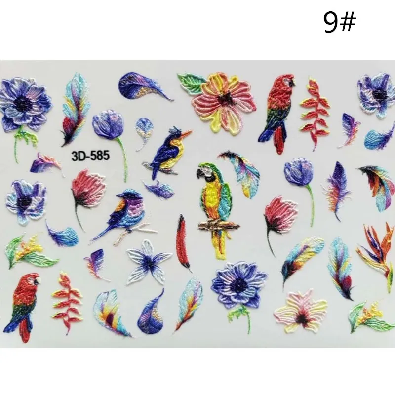 9 3D Nail Sticker Acrylic Engraved Unicorn Flower Embossed Flower Nail Water Slide Decals Nail Art Decorations - Цвет: 9