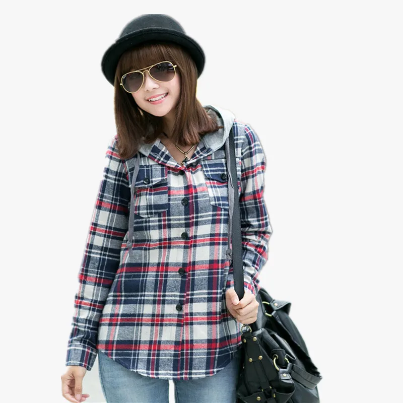 Женская Повседневная клетчатая рубашка с капюшоном хлопковые топы длинным