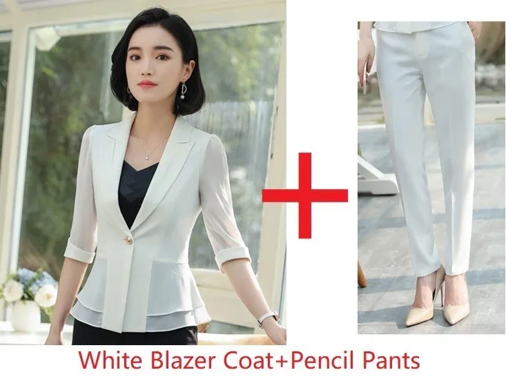 White Pantsuits Весна Лето Половина рукава Формальные женские деловые костюмы OL стили профессиональные дамы офисная Рабочая одежда женские униформы наборы - Цвет: White Pantsuits