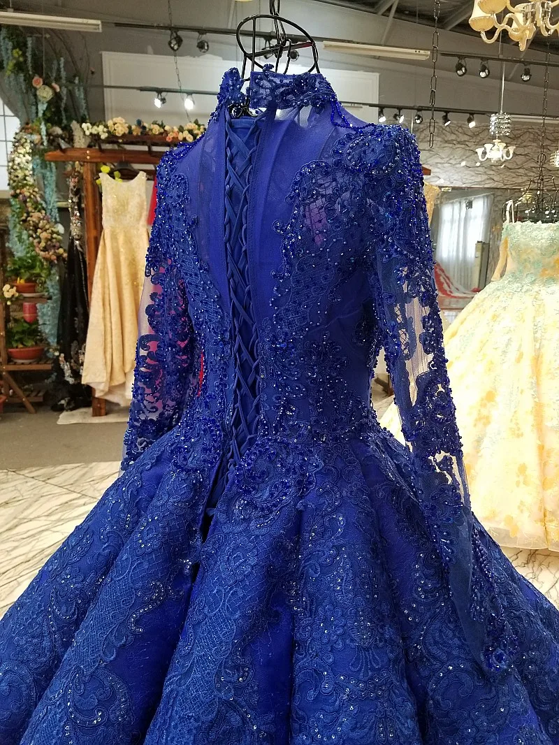 AOLANES 2018 Long Sleeves Royal Blue Lace Arabic Muslim Wedding Dresses O-neck Floor-length Waves Ball Gown Up Bridal | Свадьбы и