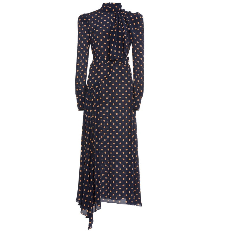 

Runway Dress 2021 Women High Quality Designer Retro Vintage Polka Dot Print Audrey Hepburn Style Bow Neck Pleated Long Dress