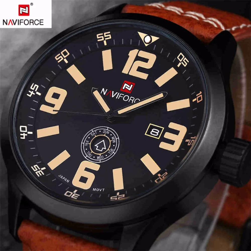 Бренд NAVIFORCE Модные кварцевые часы мужские спортивные кожа аналоговые армейские