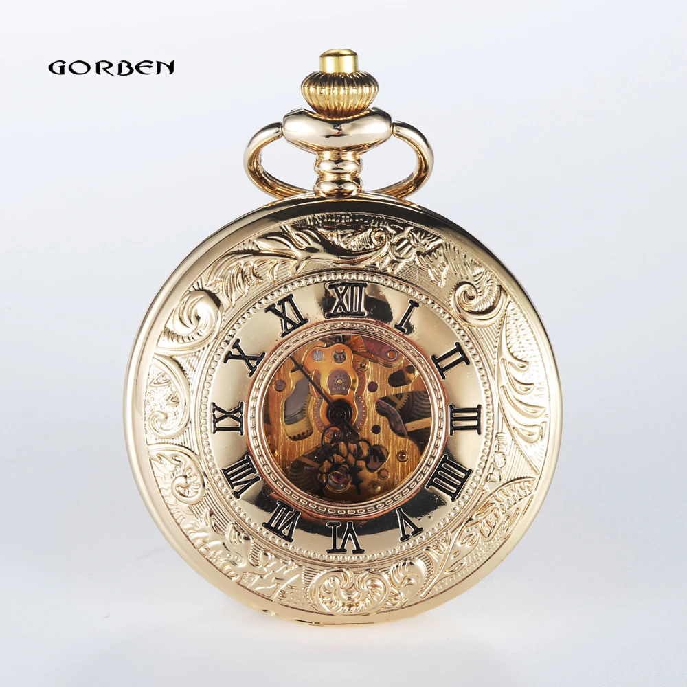 

Luxury Band Fashion Golden Hollow Carving Analog Steampunk Mechanical Pocket Watches Roman Dial FOB Chain Mens Pocket Watches