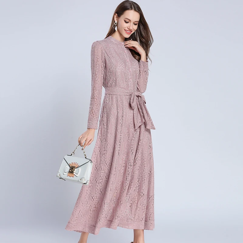 Платье женское кружевное с длинным рукавом Элегантное Длинное Вечернее розовое
