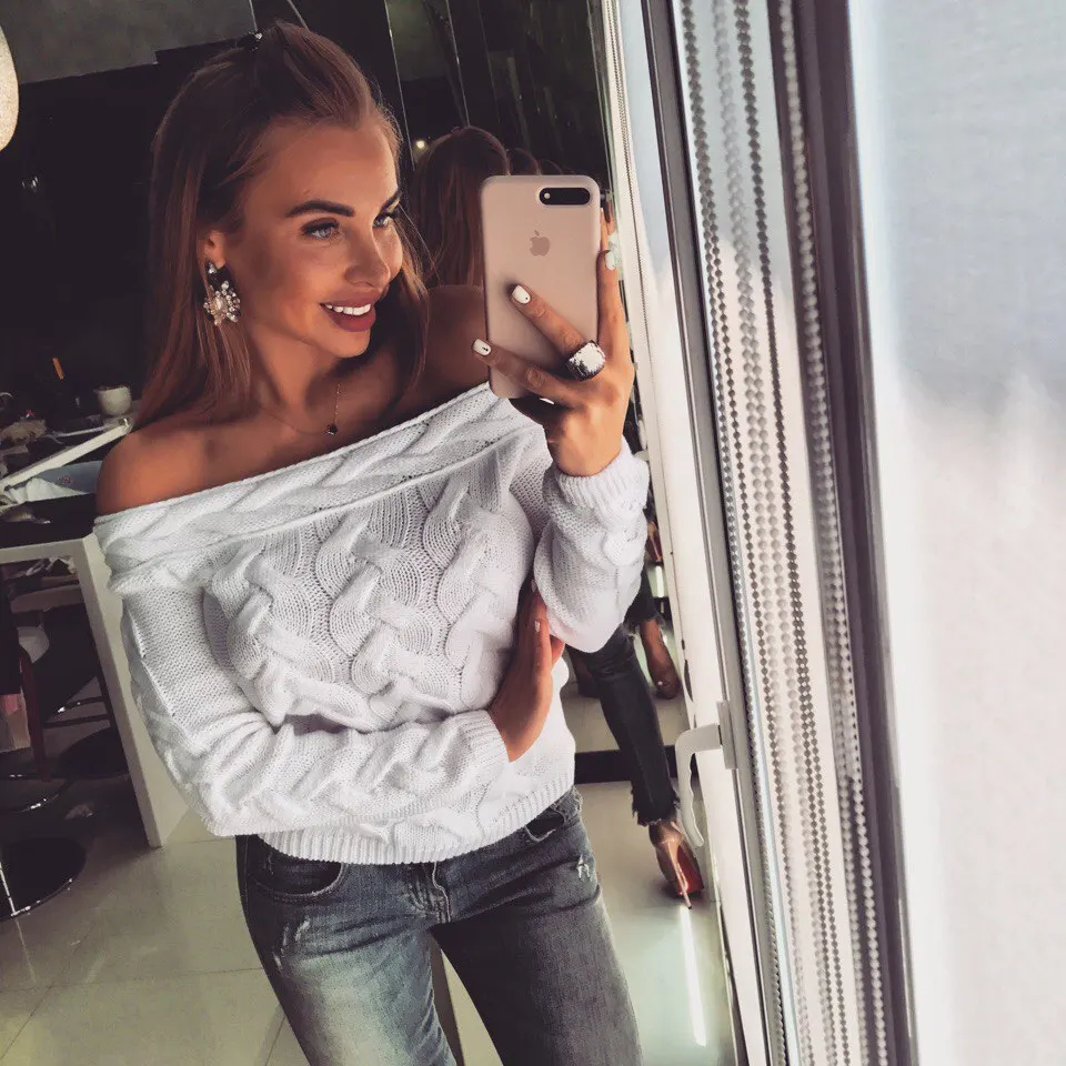Women's Sexy Sweater 2018 Winter Strapless Wide Boat Neck Collar Woollen Knitted Clothes Plus Size For Buxom Women CH459 | Женская