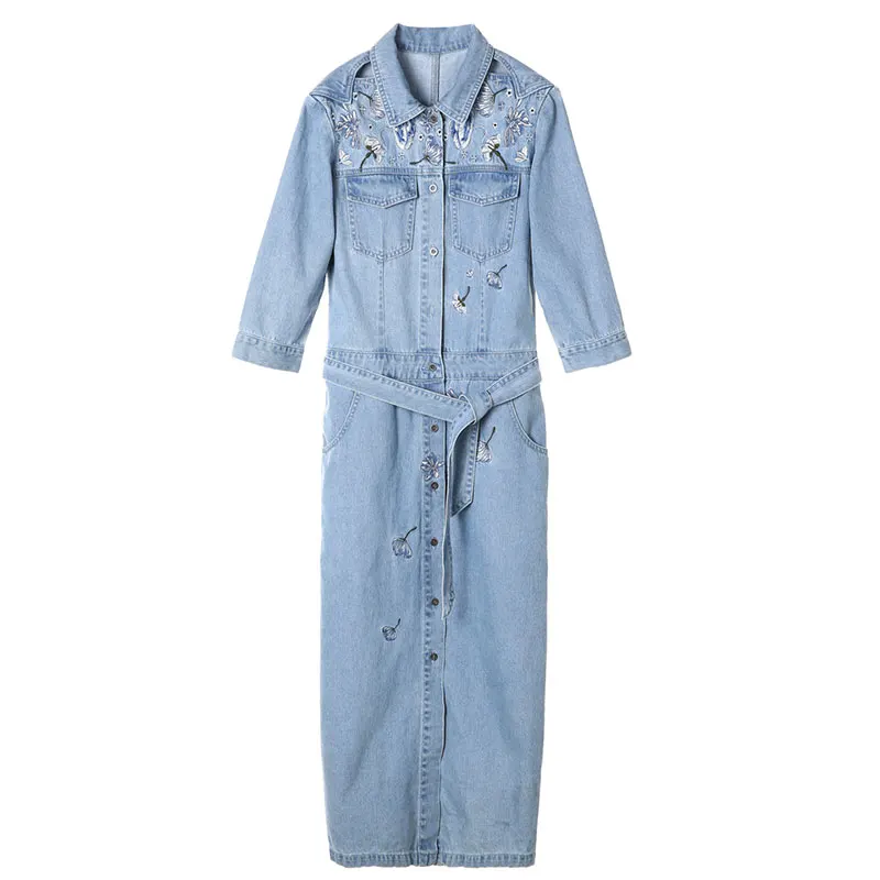 Длинное весеннее джинсовое платье для женщин мода 2019 приталенное похудения