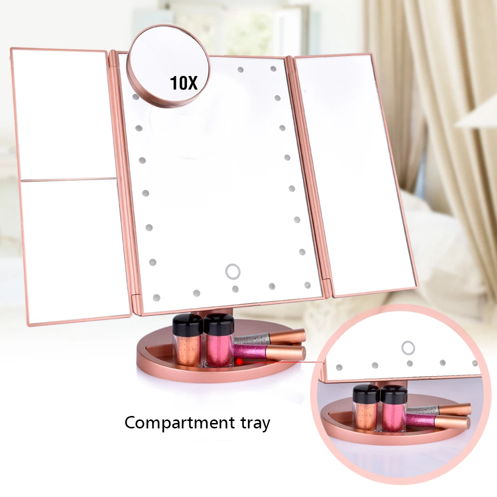 

Tri-Fold Makeup Mirror 2x 3x 10x Magnifying Vanity Mirrors 22 LED Lights Touch Screen Cosmetic Mirror Tabletop Makeup Mirrors
