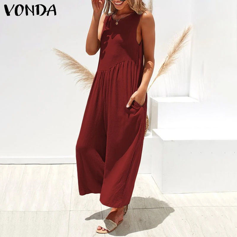 VONDA, летние женские комбинезоны с открытой спиной,, без рукавов, комбинезоны, повседневные Комбинезоны, длина по щиколотку, широкие штаны размера плюс